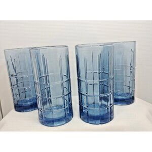 Anchor Hocking Tartan  Blue Heavyweight Tumbler Glasses Set of 4 New 6"X3"